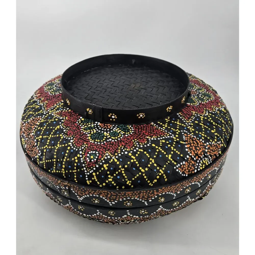 Vtg Large Bali Kaleidoscope Dot Hand Painted Woven Wicker Round Basket w/Lid